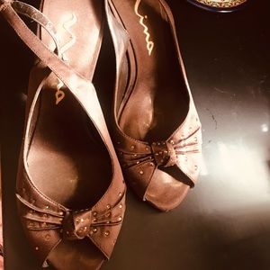 Brown open toe heels